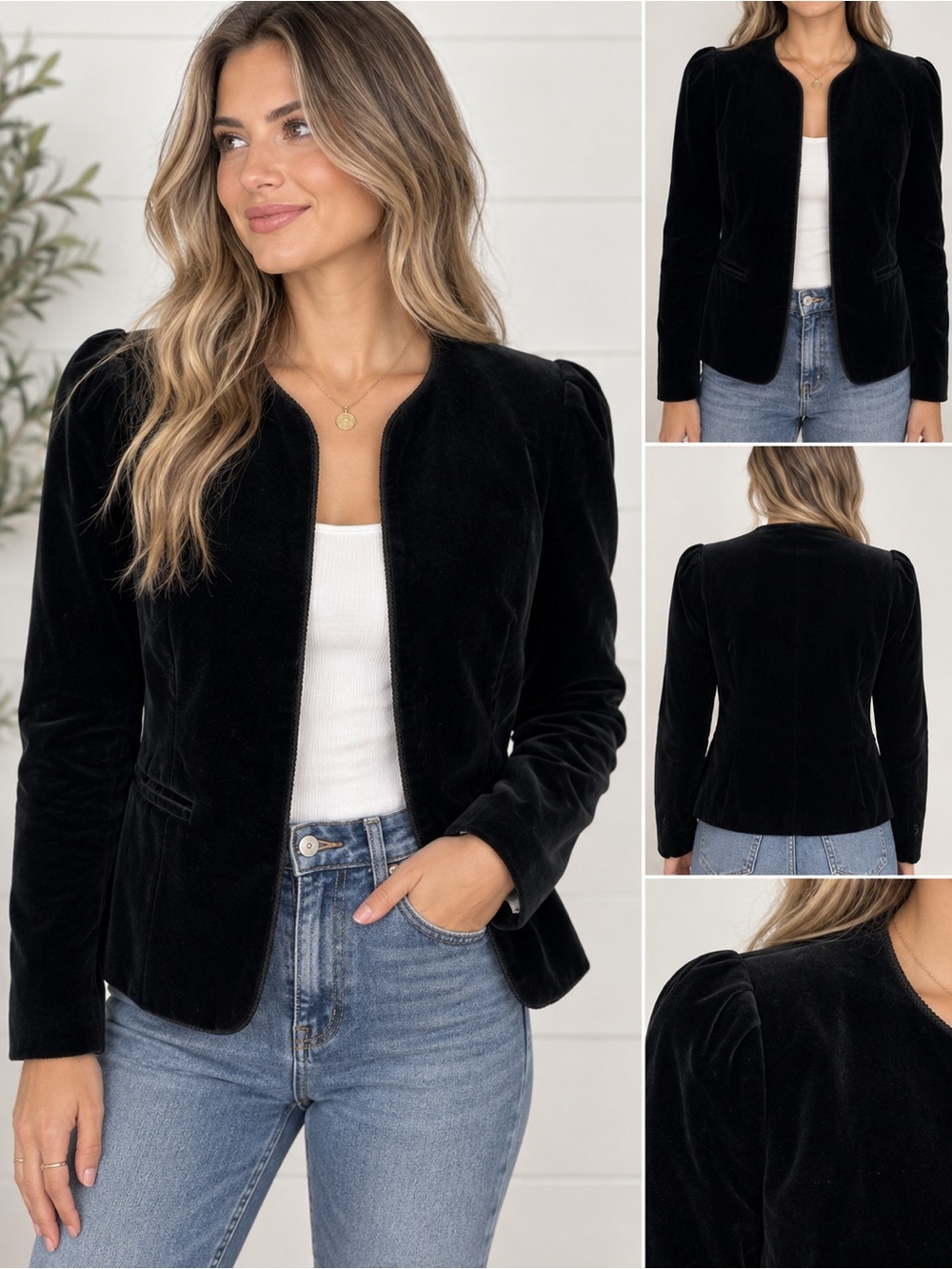 Vintage Cos Cob Black Velvet Collarless Blazer Jacket 13/14 Modern S/M